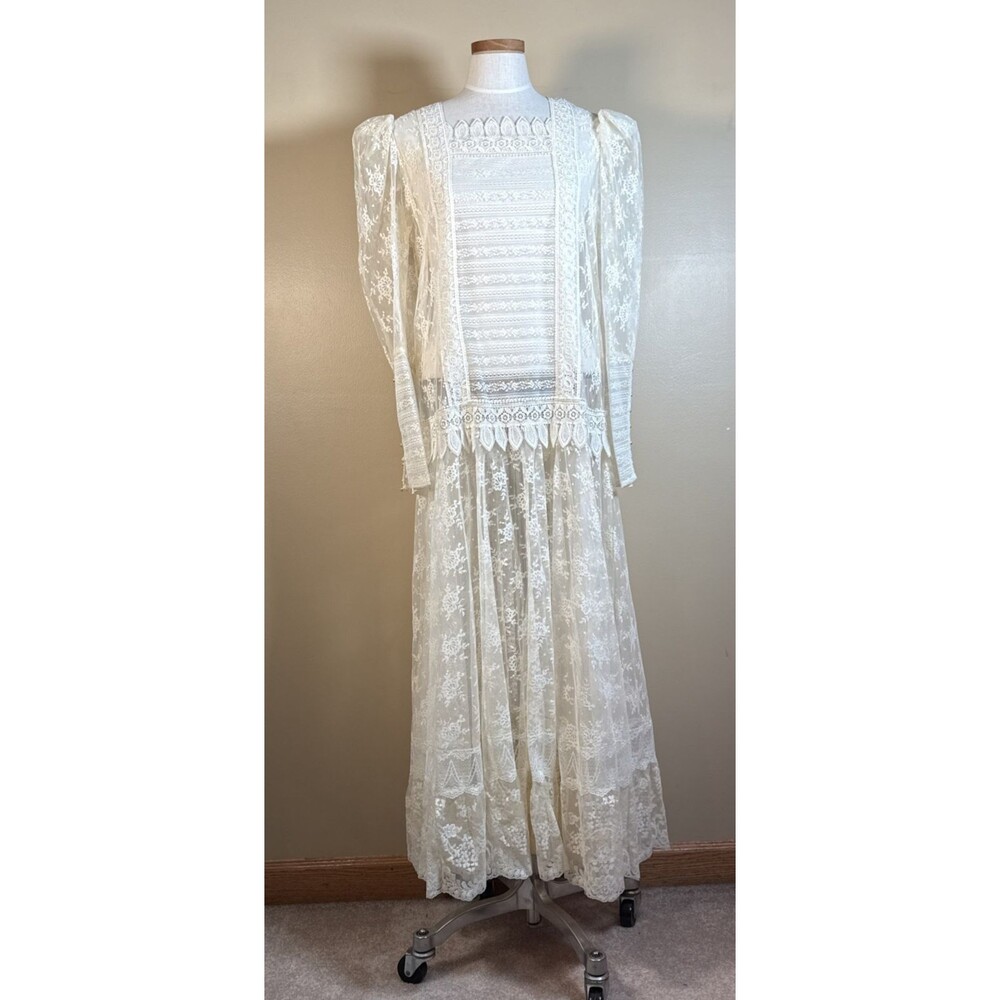 Vintage Jessica McClintock Bridal Wedding Dress Ivory Lace Small Boho C-39"